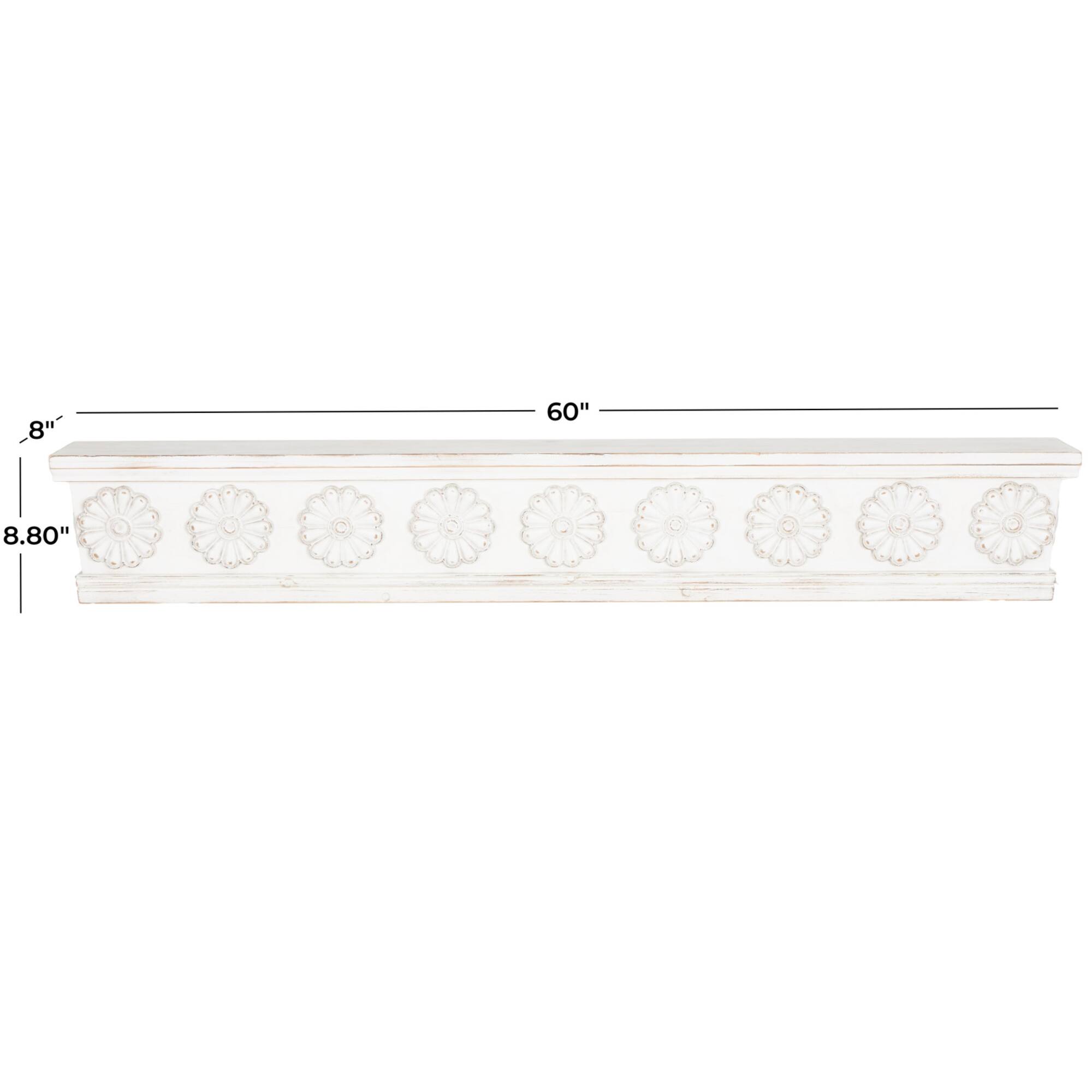 White Wooden Floral Room Wall Shelf with Brown Distressing